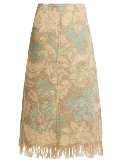 Acne Studios Fringed Floral-print A-line Skirt In Blue Green