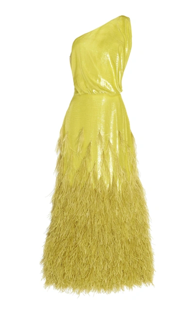 Rochas Onward One-shoulder Feather-embellished Lamé Midi Dress In Yellow