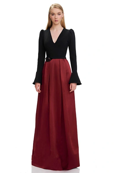 Theia Couture Long Bell Sleeve Evening Gown In Black/red
