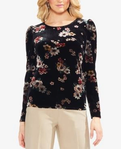 Vince Camuto Floral Story Puff Sleeve Stretch Velvet Top In Rich Black