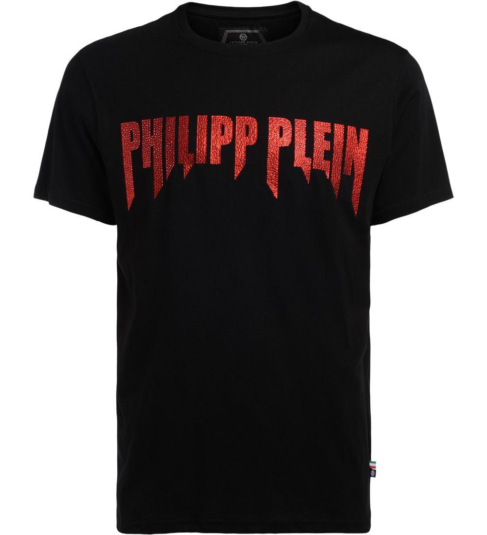 Philipp Plein Model Platinum Cut Black And Red T-shirt With Crystals In ...