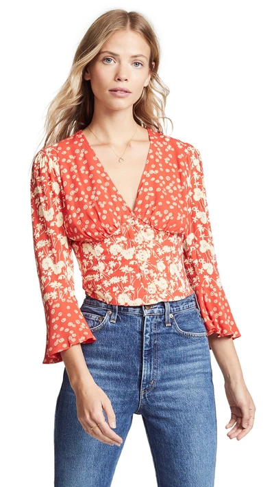 Free People Lady Bohemian Fluted-sleeve Floral-print Woven Blouse In Red
