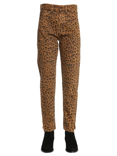 Saint Laurent Slim Fit Hjeans In Leopard Print In Brown