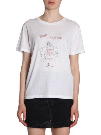 Saint Laurent Round Collar T-shirt In Bianco