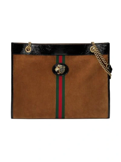 Gucci Linea Rajah Large Suede Shoulder Tote Bag With Patent Trim In Nocciola/ Nero/ Vert Red