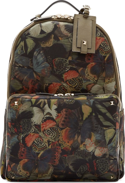 Valentino Garavani Multicolor Butterfly Camouflage Medium Backpack In Green