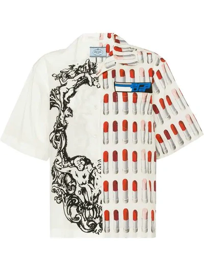 Prada Lipstick Print Half Sleeve Shirt In White ,multicolour