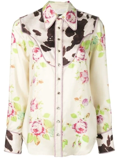 Dsquared2 Floral And Cow Print Bib Shirt In Neutrals