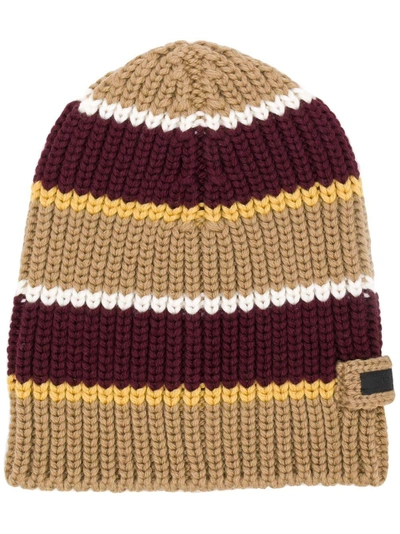 Prada Striped Knit Beanie In Brown