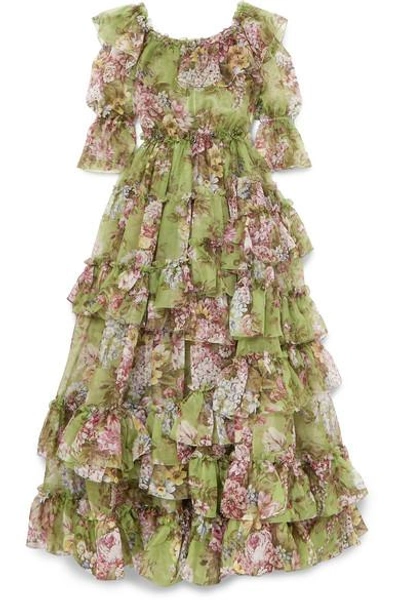 Dolce & Gabbana Ruffled Tiered Floral-print Silk-chiffon Gown In Green