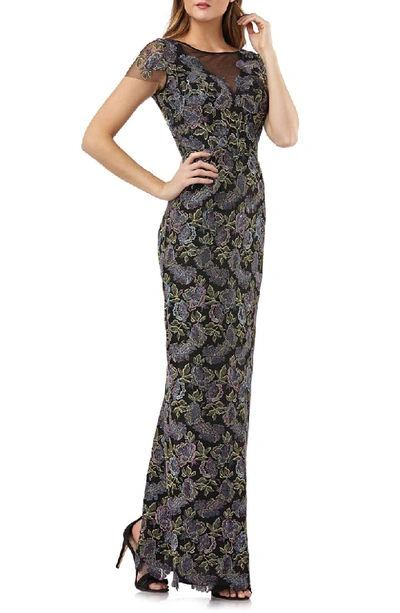 Js Collections Metallic Floral Embroidered Gown In Black/ Multi