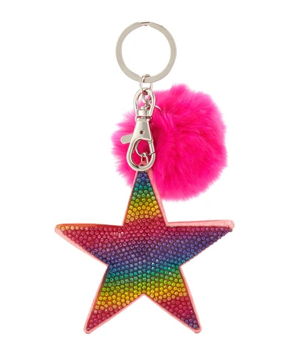 Bari Lynn Girls' Crystal Rainbow Star Key Chain W/ Fur Pompom In Multi