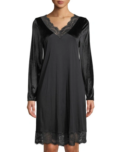 Hanro Long-sleeve Lace-trim Nightgown In Black