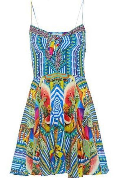 Camilla Woman Book A Shade Embellished Printed Silk Crepe De Chine Mini Dress Bright Blue