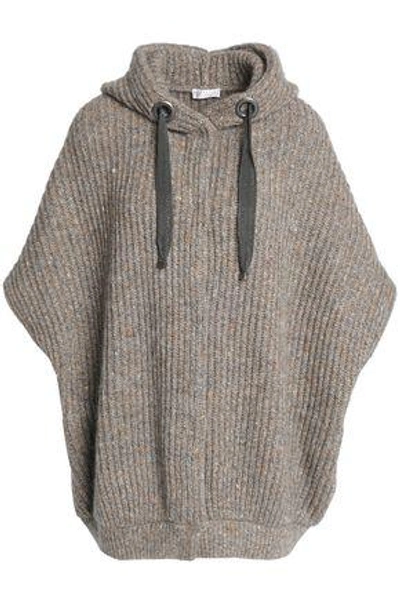 Brunello Cucinelli Woman Bead-embellished Marled Ribbed-knit Hooded Cardigan Light Brown