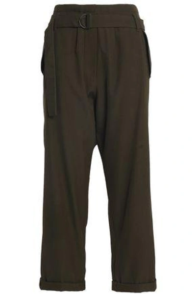 Brunello Cucinelli Woman Belted Wool And Cotton-blend Twill Wide-leg Pants Army Green