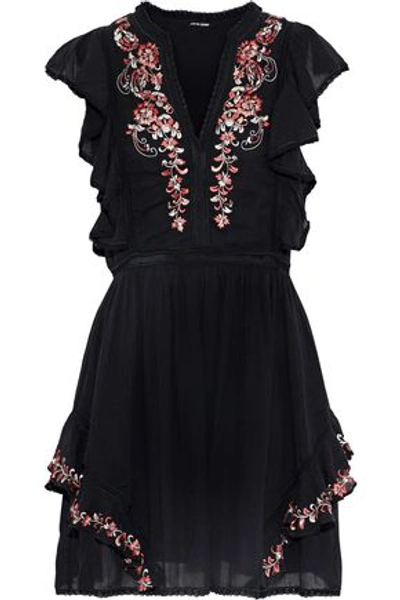 Love Sam Monika Embellished Cotton-gauze Mini Dress In Black