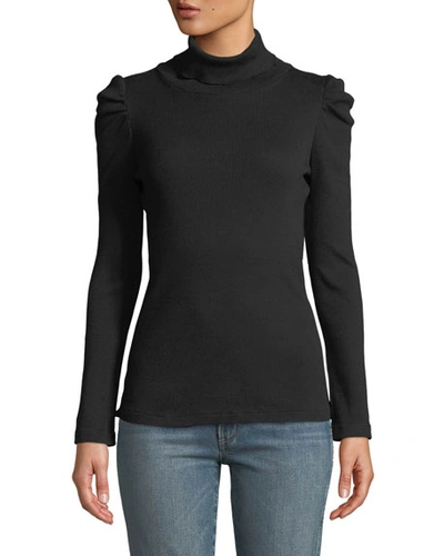 Amo Denim Puff-sleeve Turtleneck Pullover Sweater In Black
