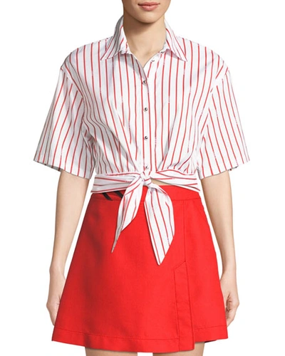 Pinko Striped Tie-front Cropped Button-down Top In White/red