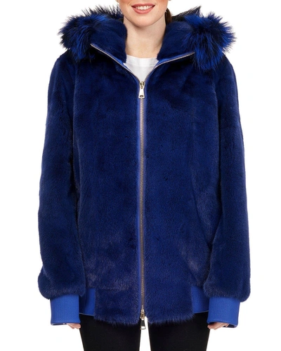 Maurizio Braschi Mink Fur Zip-front Hooded Jacket With Fox Fur Trim, Royal Blue