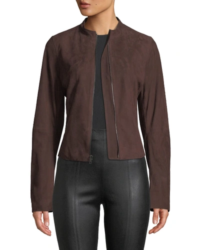 Vince Cropped Zip-front Suede Moto Jacket In Black Truffle