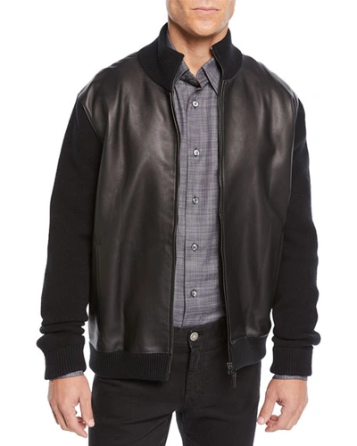 Brioni Men's Leather-front Zip Knit Blouson Jacket In Black
