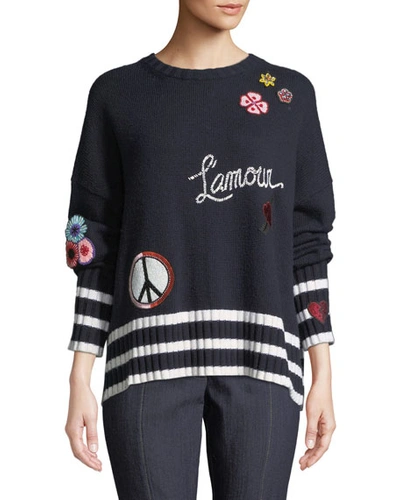 Cinq À Sept Leona Embroidered Graphic Pullover Sweater In Navy