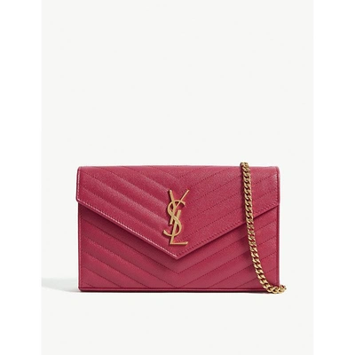 Saint Laurent Monogram Quilted Leather Wallet-on-chain In Shocking Pink/gold