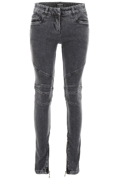 Balmain Stitch Detail Skinny Fit Jeans In Grey