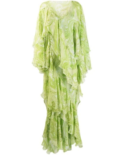 Etro Tiered Ruffle-sleeve Silk Maxi Dress In Green