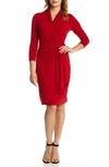 Karen Kane Three-quarter-sleeve Faux-wrap Dress In Red