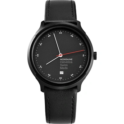 Mondaine Mh1-r2223-lb Helvetica Spiekermann Edition Regular Leather And Black Ip Stainless Steel Watch