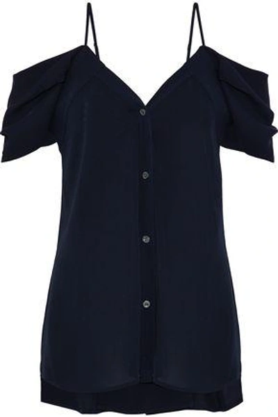 Theory Pleated Silk Crepe De Chine Blouse In Midnight Blue