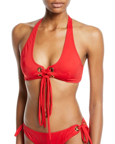 Milly Vital Santorini Lace-up Grommet Halter Bikini Swim Top In Red