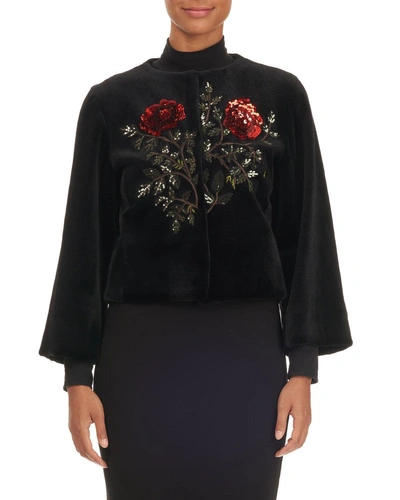 Oscar De La Renta Rose-sequined Mink Fur Bolero Jacket In Black
