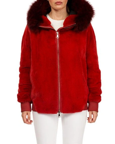 Maurizio Braschi Zip-front Mink Fur Bomber Jacket W/ Fox Fur Trim In Red