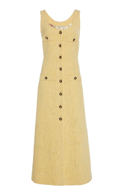 Alessandra Rich Button-embellished Cotton Blend-tweed Midi Dress In Yellow