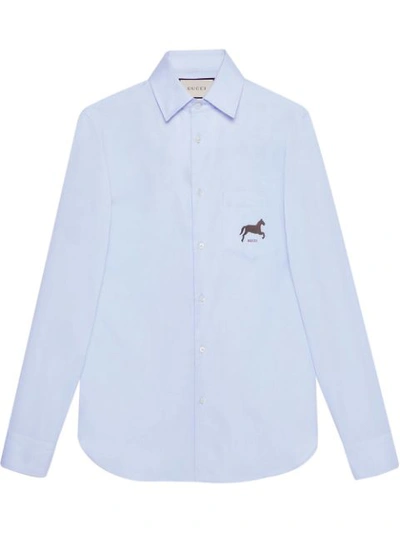 Gucci Trim Fit Horse Logo Cotton Oxford Button-up Shirt In Blue