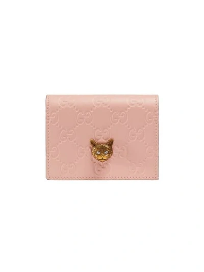 Gucci Signature Card Case Wallet With Cat In Pink