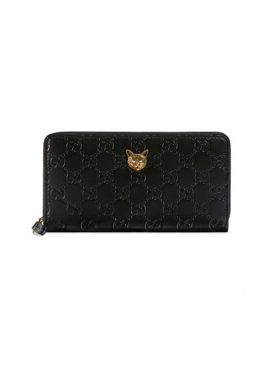 Gucci Signature Zip Around Wallet With Cat In Black