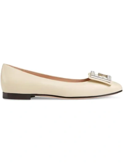Gucci Leather Ballet Flat With Crystal G In White