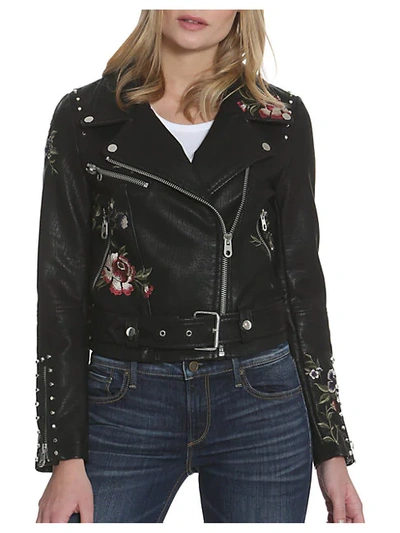 Driftwood Floral Embroidered Studded Moto Jacket In Black