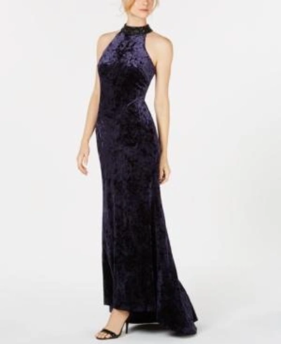 Calvin Klein Velvet Embellished Gown In Indigo