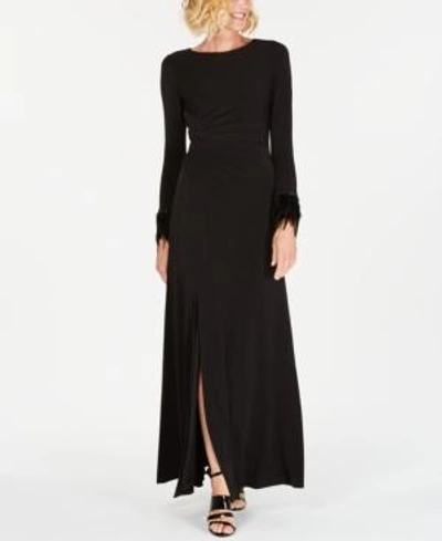 Calvin Klein Feather-cuff Ruched Gown In Black