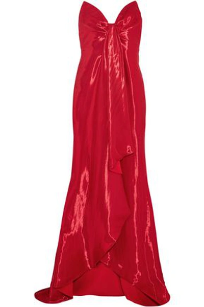 Oscar De La Renta Strapless Draped Lamé Gown In Red