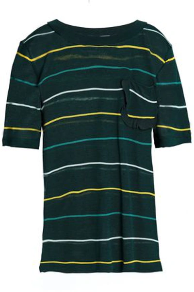 Sonia Rykiel Ruffle-trimmed Striped Silk And Cotton-blend Sweater In Dark Green