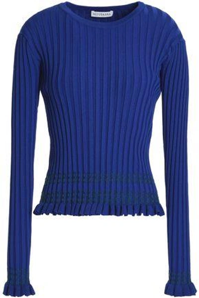 Altuzarra Woman Ruffle-trimmed Embroidered Ribbed-knit Sweater Royal Blue