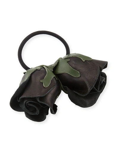 Epona Valley Double Rose Leather Ponytail Holder In Black