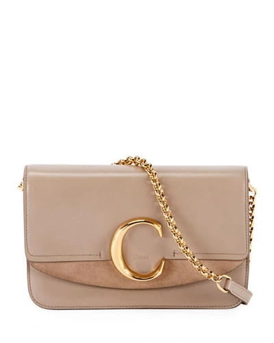 Chloé C Shiny & Suede Calfskin Clutch With Chain In Gray