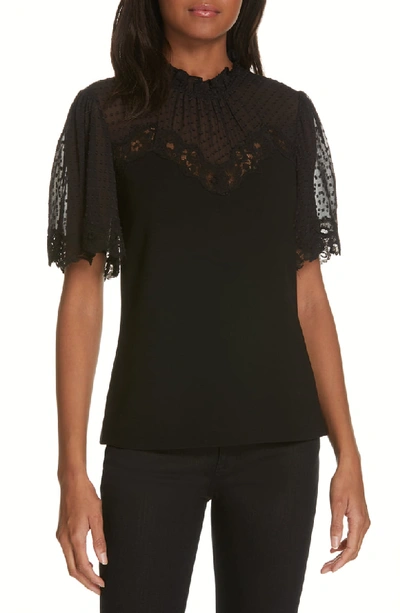 Rebecca Taylor Short-sleeve Crepe High-neck Lace Top In Black